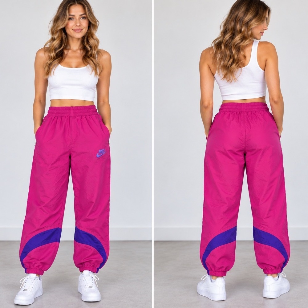 Vintage 90s Nike Track Pants M Pink Purple Windbreaker Joggers Y2K Streetwear